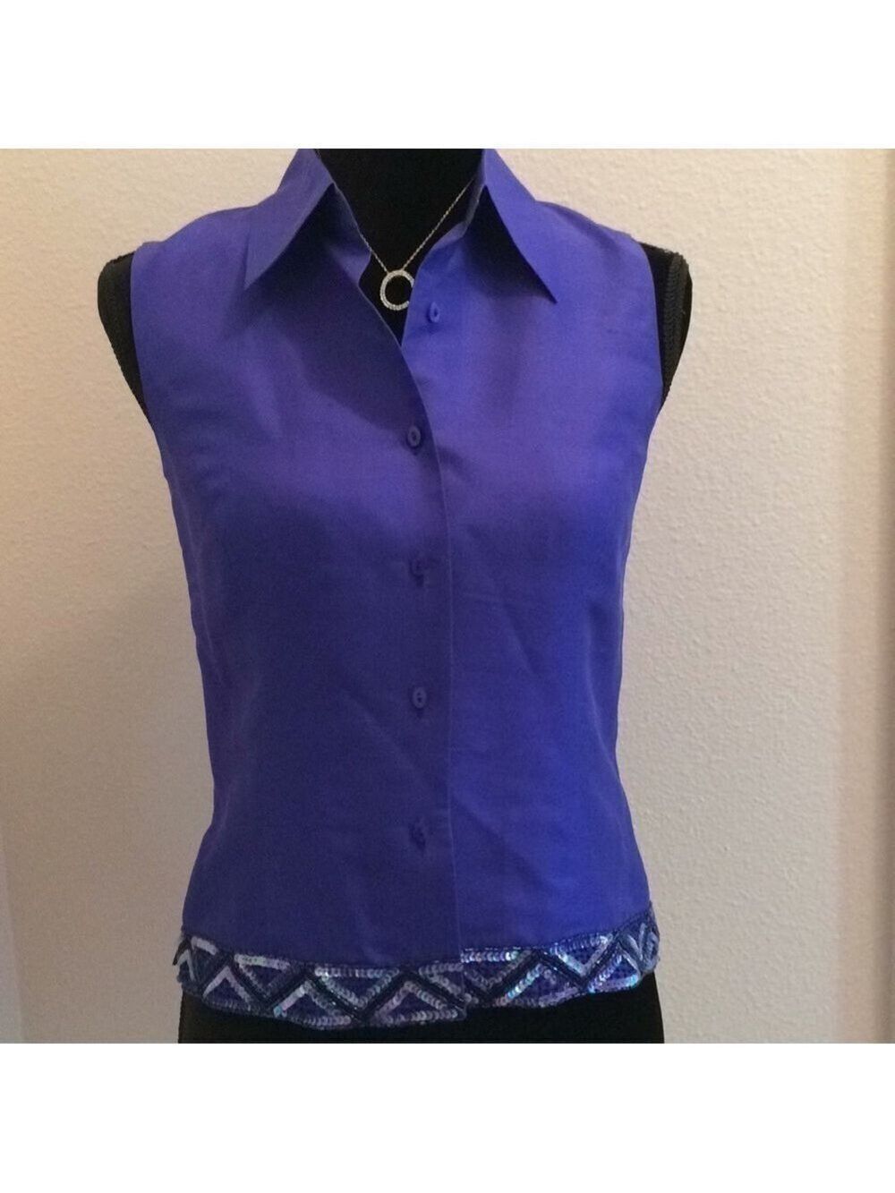 Royal cobalt blue silk beaded sleeveless top dressy classic evening sequin party